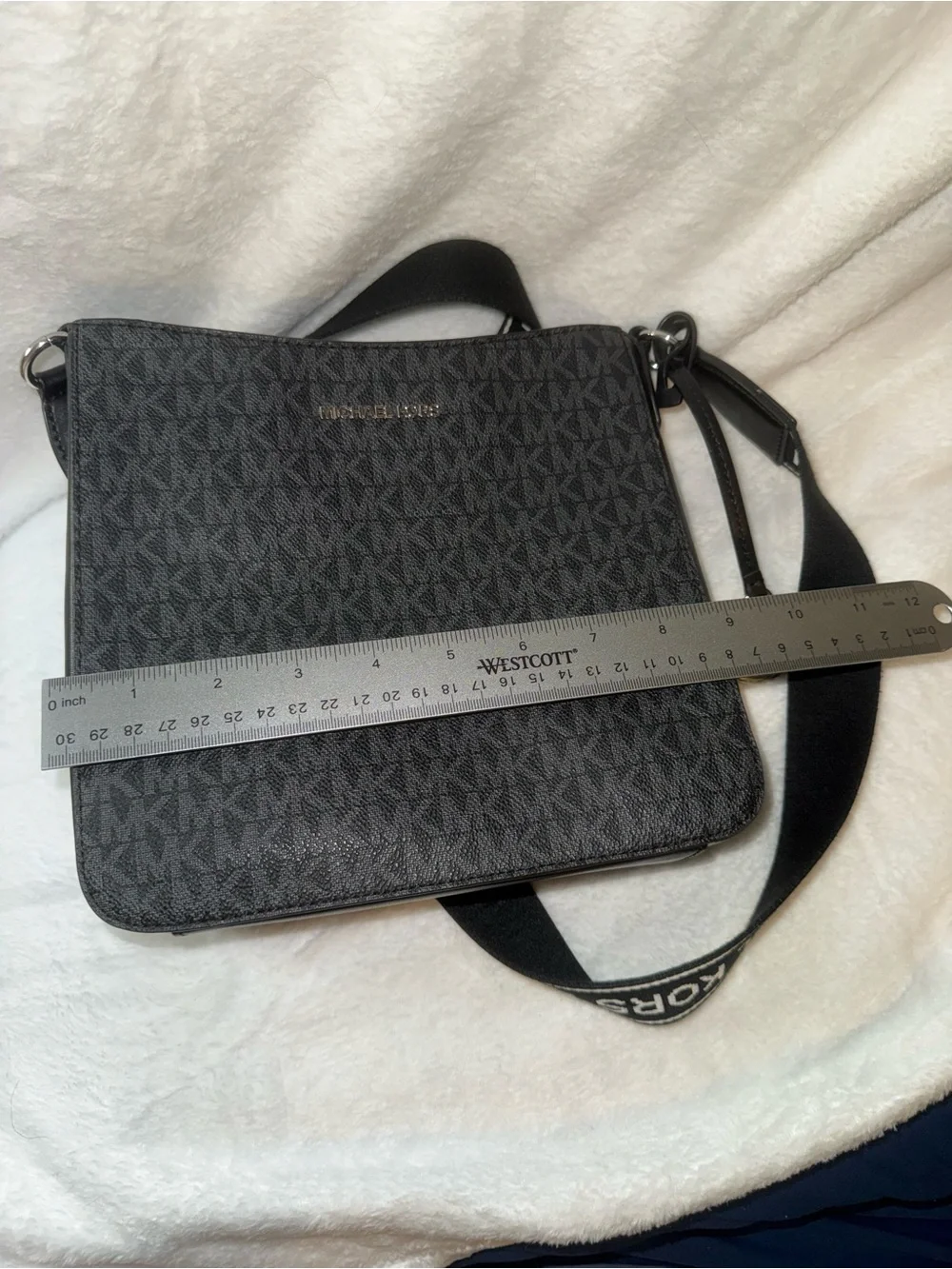 Michael Kors Black Logo Messenger Crossbody Bag with MK Charm and Guitar Strap